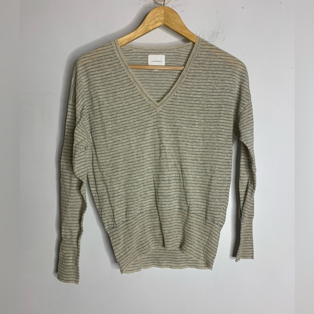 Sundays 0 Lightweight Linen Blend V Neck Stripe Top CP0623